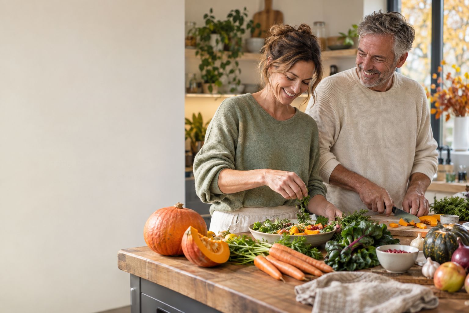Eine Frau und ein Mann kochen lachend gemeinsam mit frischem Gemüse in einer hellen Küche