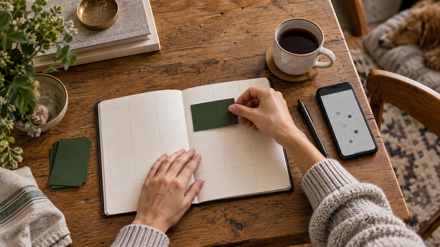Hände planen mit grünen Karten eine Woche im Notizbuch, daneben eine Tasse Kaffee